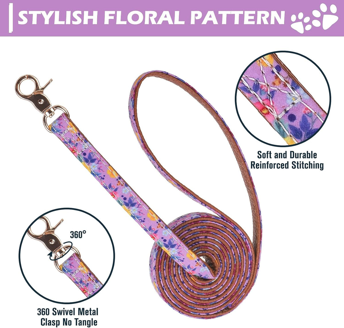 Dog Collar and Leash Set - Embroidery Floral Dog Bow Tie and Bandana Collar with Bell, Cute Flower - Floral Purple / Small - image 3
