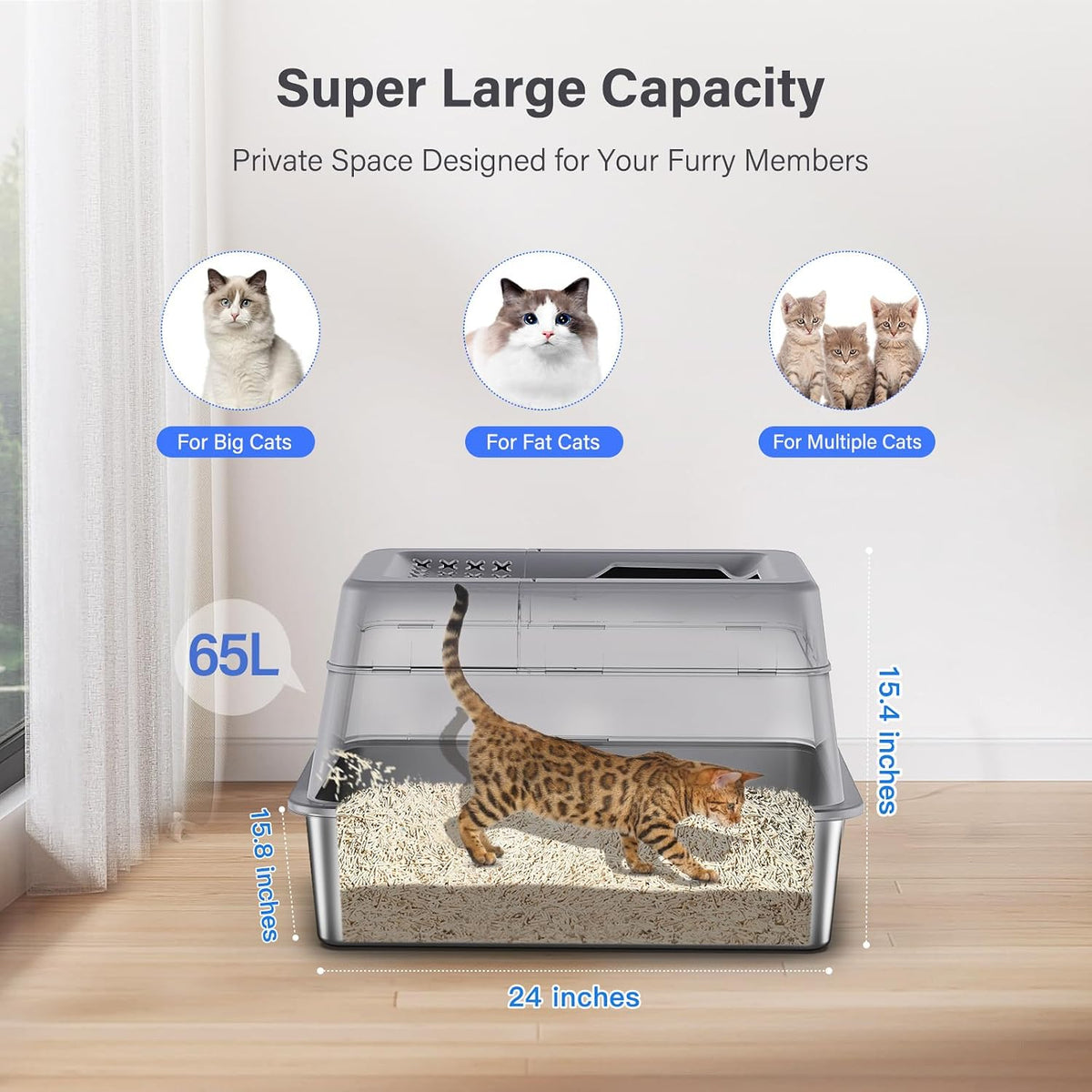 Aphyxen XL Stainless Steel Litter Box with Lid - XL Grey - image 3