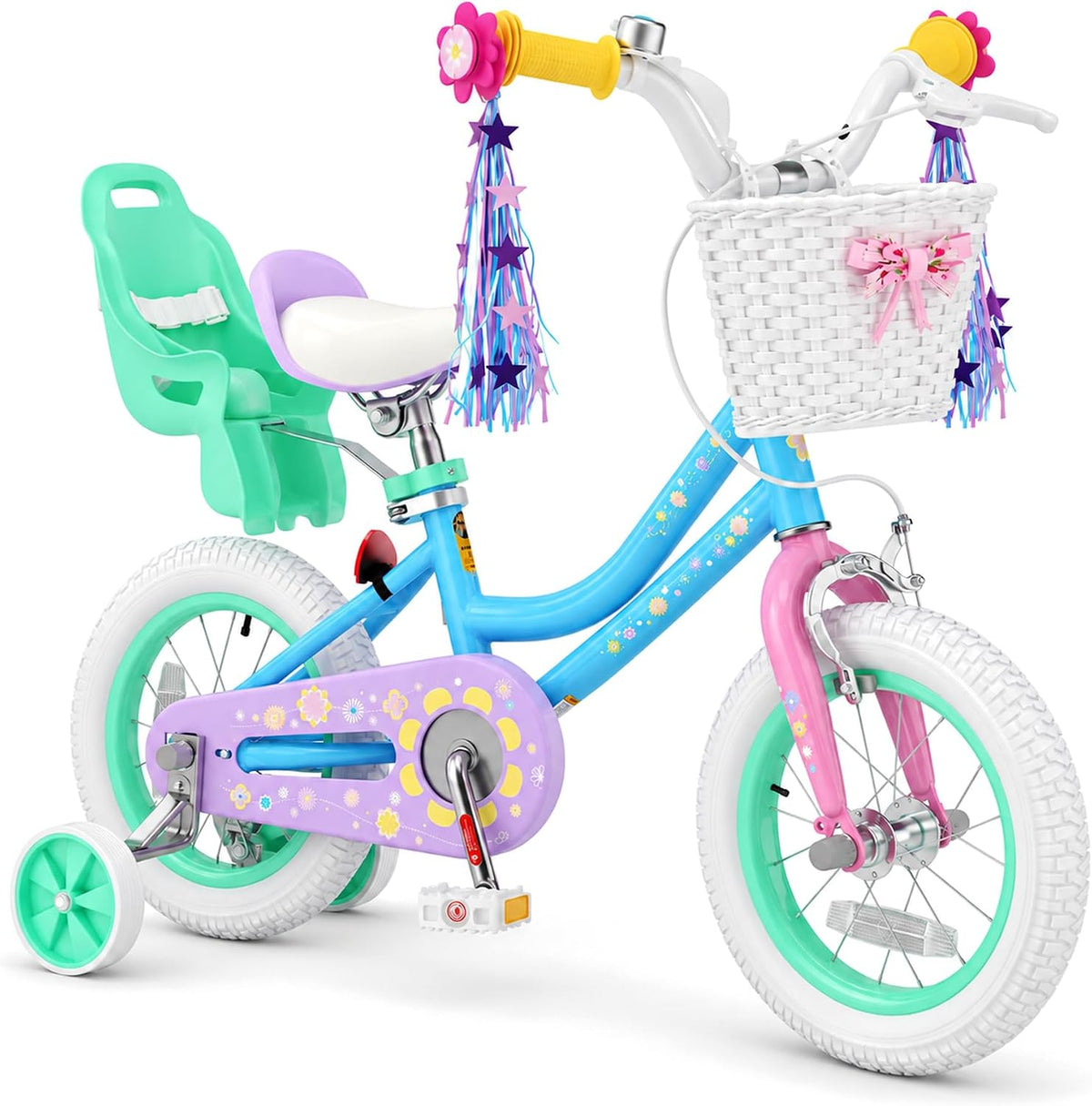 KORIMEFA girls bike with training wheels, basket and streamers in Rose Red