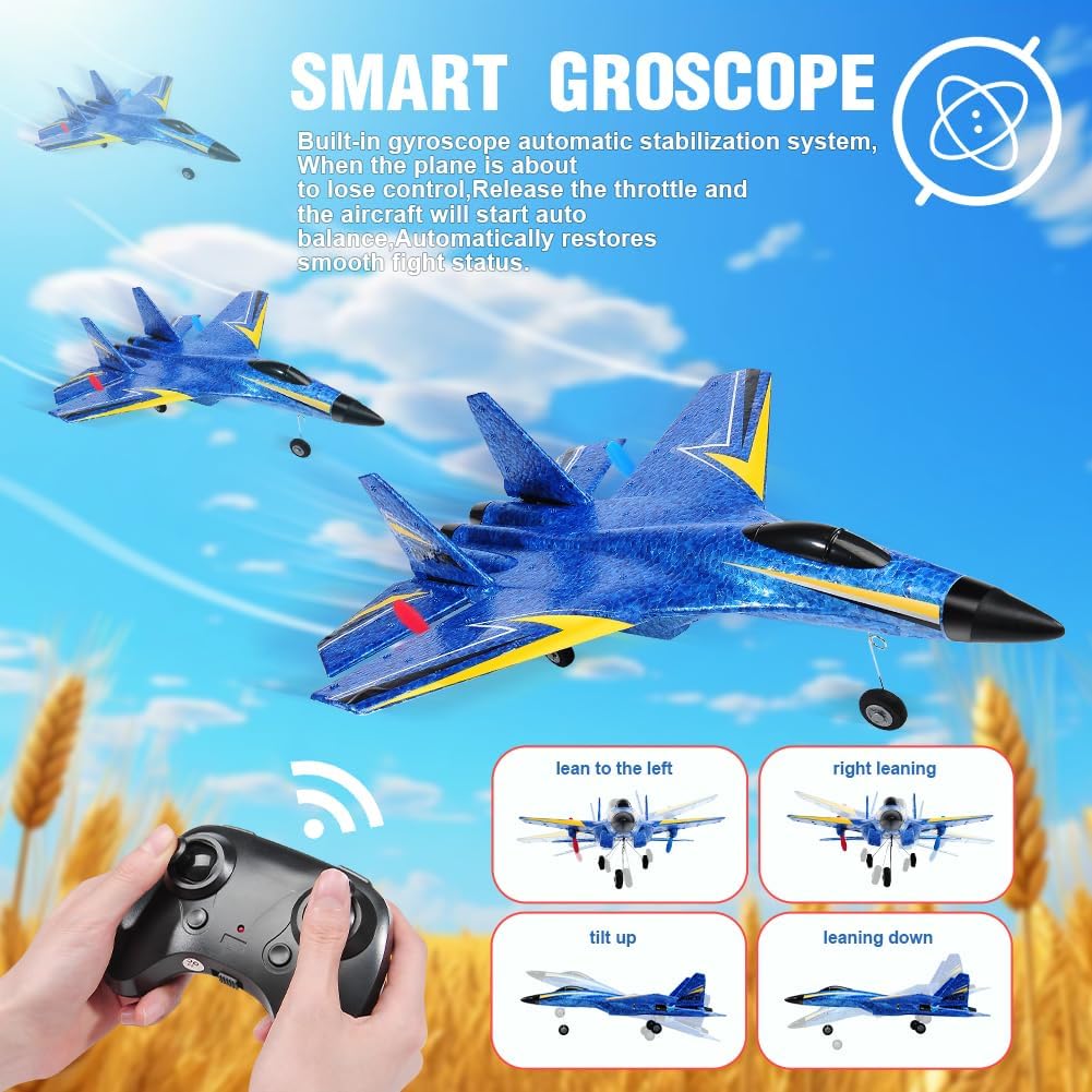 SU-27 RC Airplane,2.4GHz 2 Channel Remote Control Plane with Gyro Night Lights and 2 Batteries - Blue - image 3