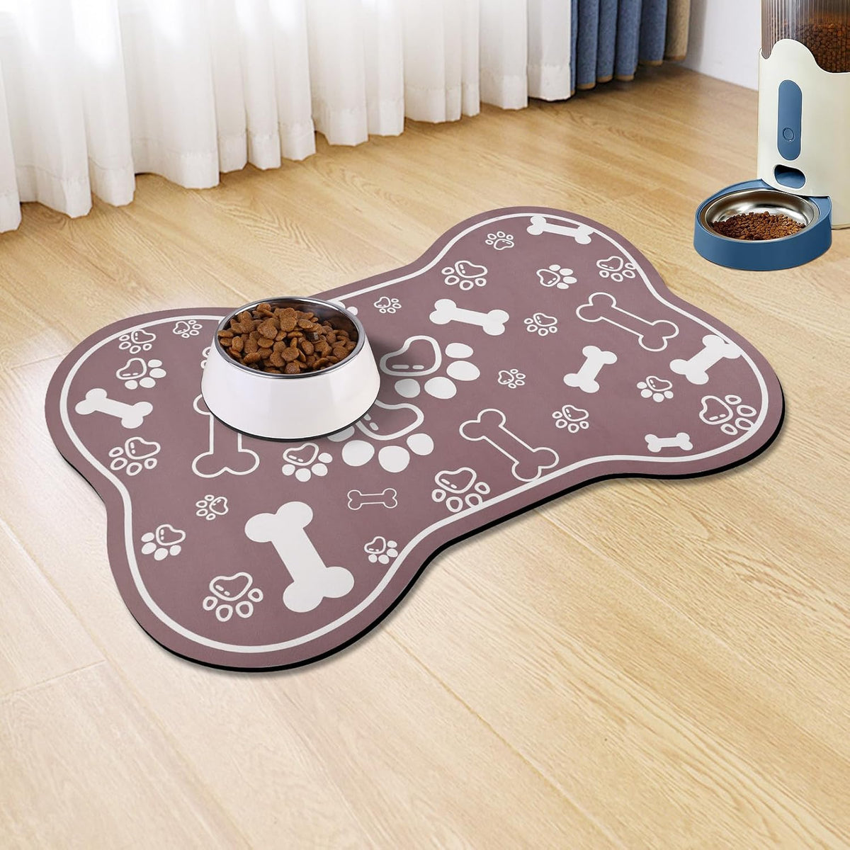 Dog Cat Food Mat, Rapid Absorbent Pet Feeding Mat - 24"L x 16"W / Bone Shaped Brown