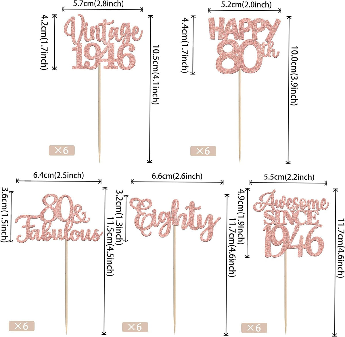 Rose gold glitter vintage 1946 cupcake toppers for an 80th birthday - view 38