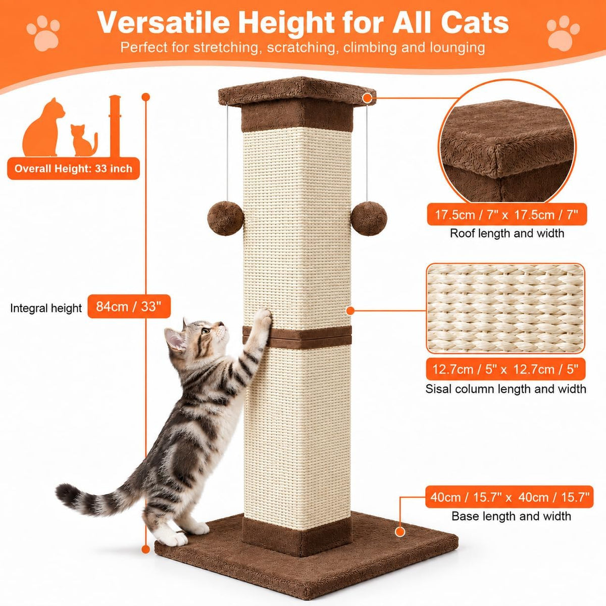 SOCATER Cat Scratching Post 33 Inch, Beige – Essentials for Cats - Brown - image 2