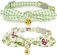 Cotton Bowtie Cat Collar with Bell 2 Pack Adjustable Breakaway Kitten - Floral Green+Plaid / 7.5-11.4 Inch (Pack of 2)