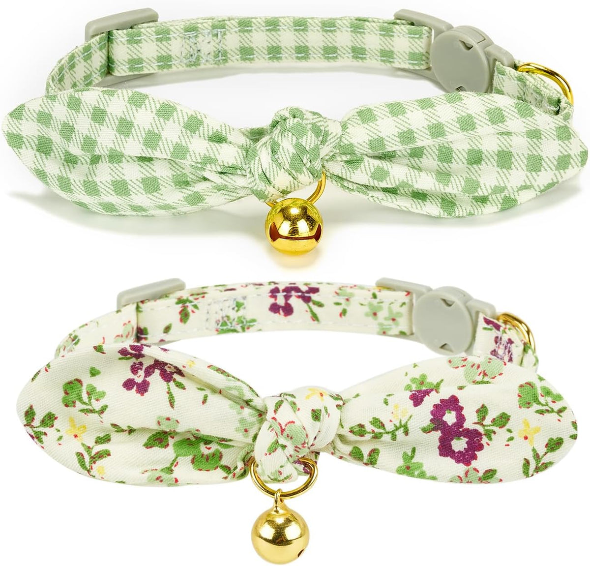 Cotton Bowtie Cat Collar with Bell 2 Pack Adjustable Breakaway Kitten - Floral Green+Plaid / 7.5-11.4 Inch (Pack of 2)