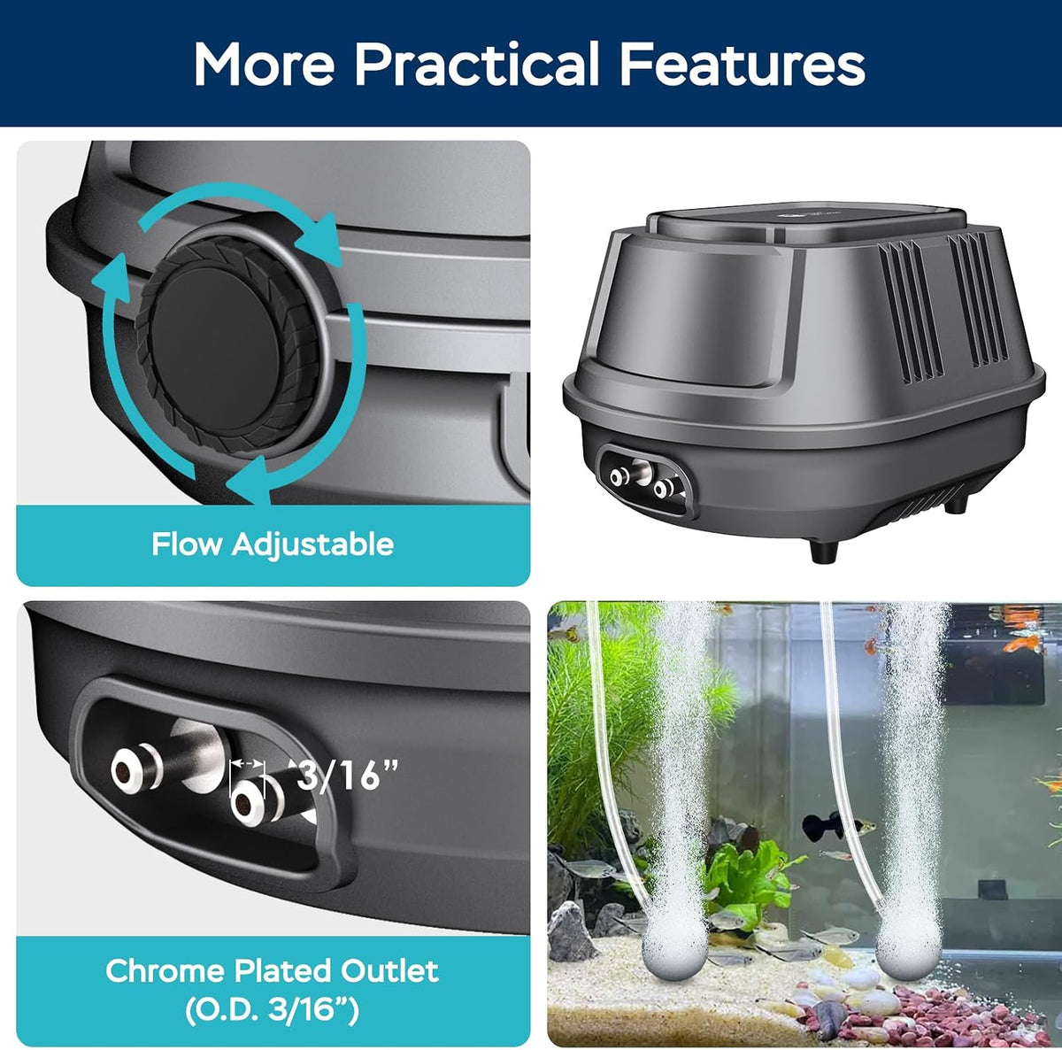 AquaMiracle Aquarium Air Pump 3W/6W/10W - For Tanks up to 100 Gal - image 4