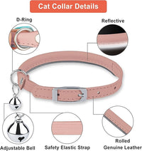 OOPSDOGGY Rolled Leather Cat Collar with Bell, Reflective Kitten Collars with Buckle Include Safety Elastic Strap - Adjustable Small Pet Collars for Boy Girl Cats (Blush)