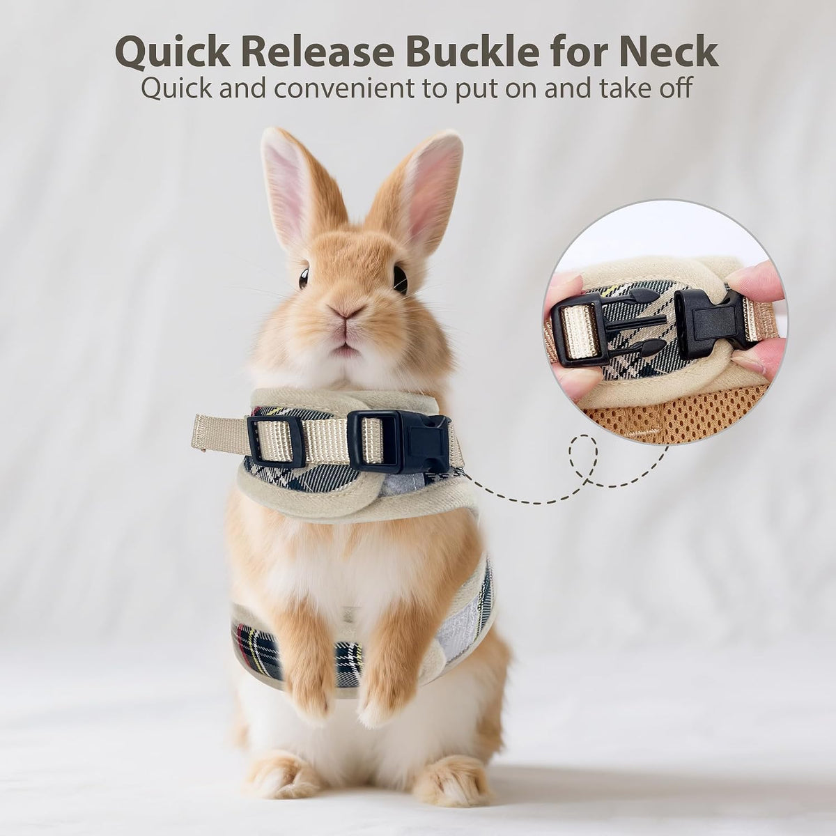 Plaid Breathable Rabbit Harness and Leash Set Escape Proof - Beige / S - image 4