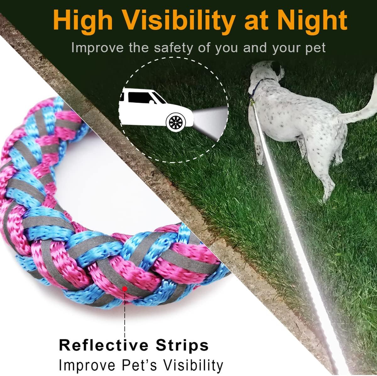 Reflective Dog Leash 2/3/4/6/10ft Braided 1/2" Strong Nylon Rope – Essentials for Dogs - 4ft * 1/2" / Pink - image 2