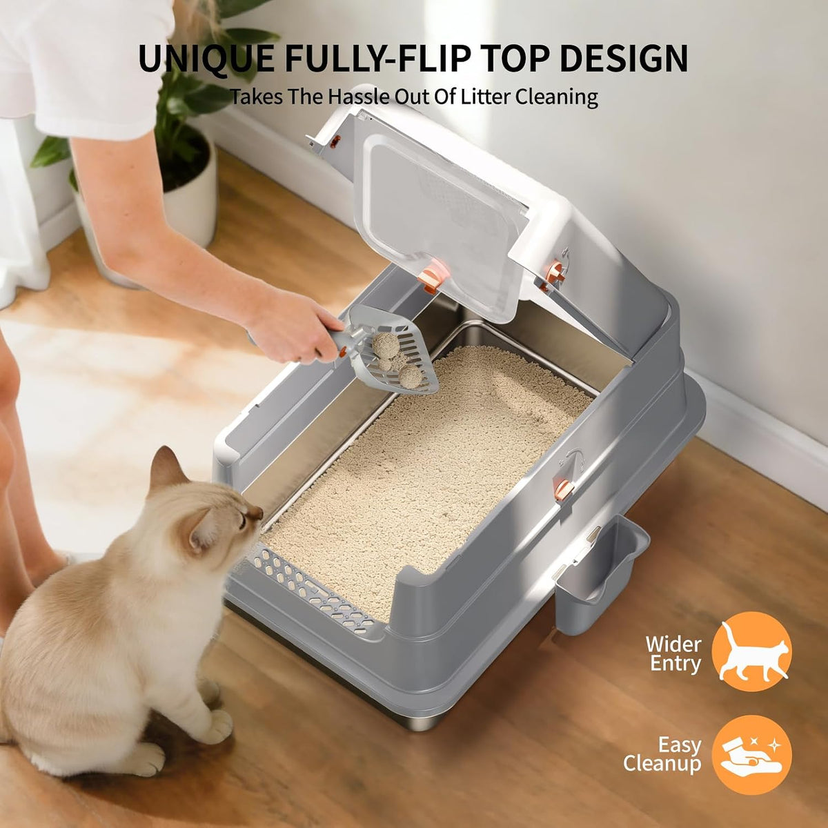 Fusblom extra large enclosed stainless steel litter box with flip-top lid and footpedal - view 2