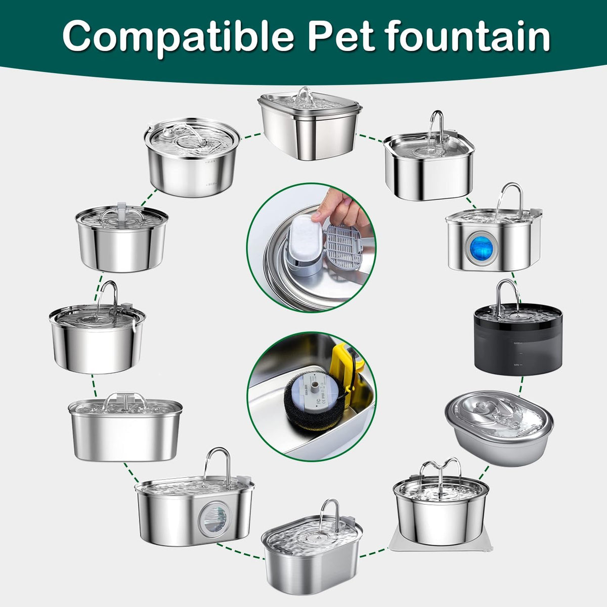 Cat Water Fountain Filter 16Pcs Fit 101oz/3L Stainless Steel Pet - 12 Filters+12 Sponges (6 Month Supply) - image 2