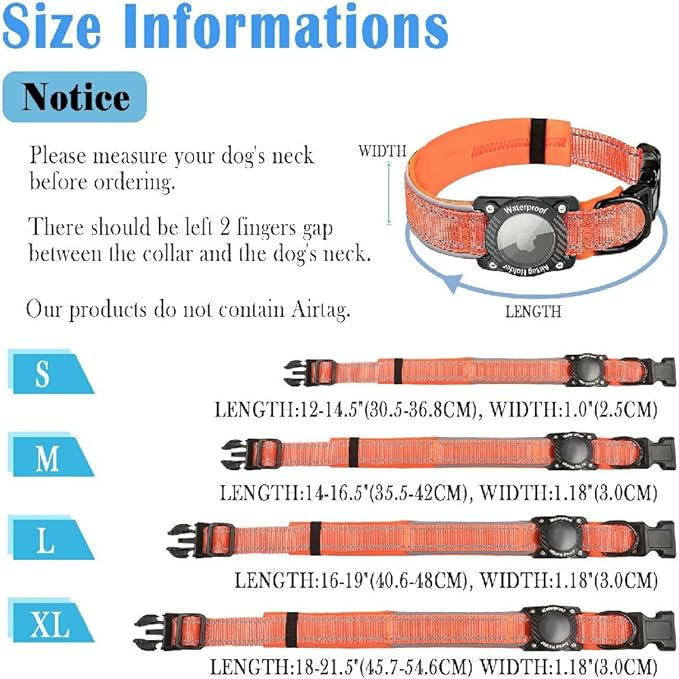 Upgraded AirTag Dog Collar, IP68 Waterproof Dog Collar with Apple Air Tag Holder, Reflective Adjustable Heavy Duty Dog Collars with Soft Padded for Small, Medium and Large Dogs,Orange, XL