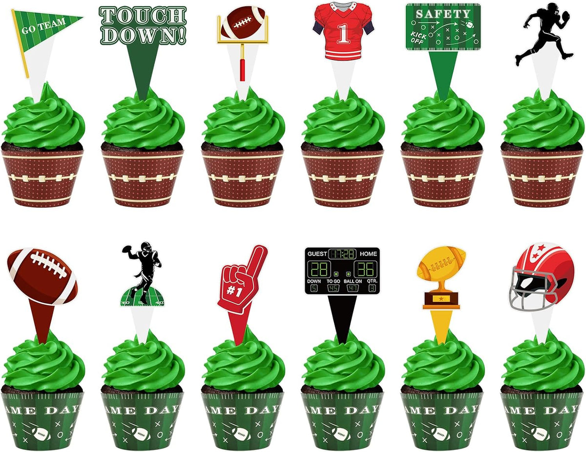 Hxezoc football cupcake toppers and wrappers set with brown and green football designs - view 7
