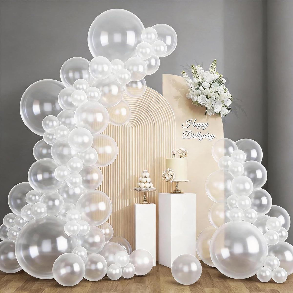 RUBFAC White Balloons Different Sizes 135pcs for Birthday Arch – Fun for Kids & Family - Clear