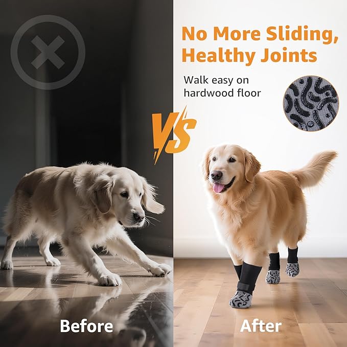 Double Sides Non-Slip Dog Socks to Prevent Licking Paws - Strong Traction for Hardwood Floors, Senior Dogs, Paw Protector, Dog Socks with Grippers - Black