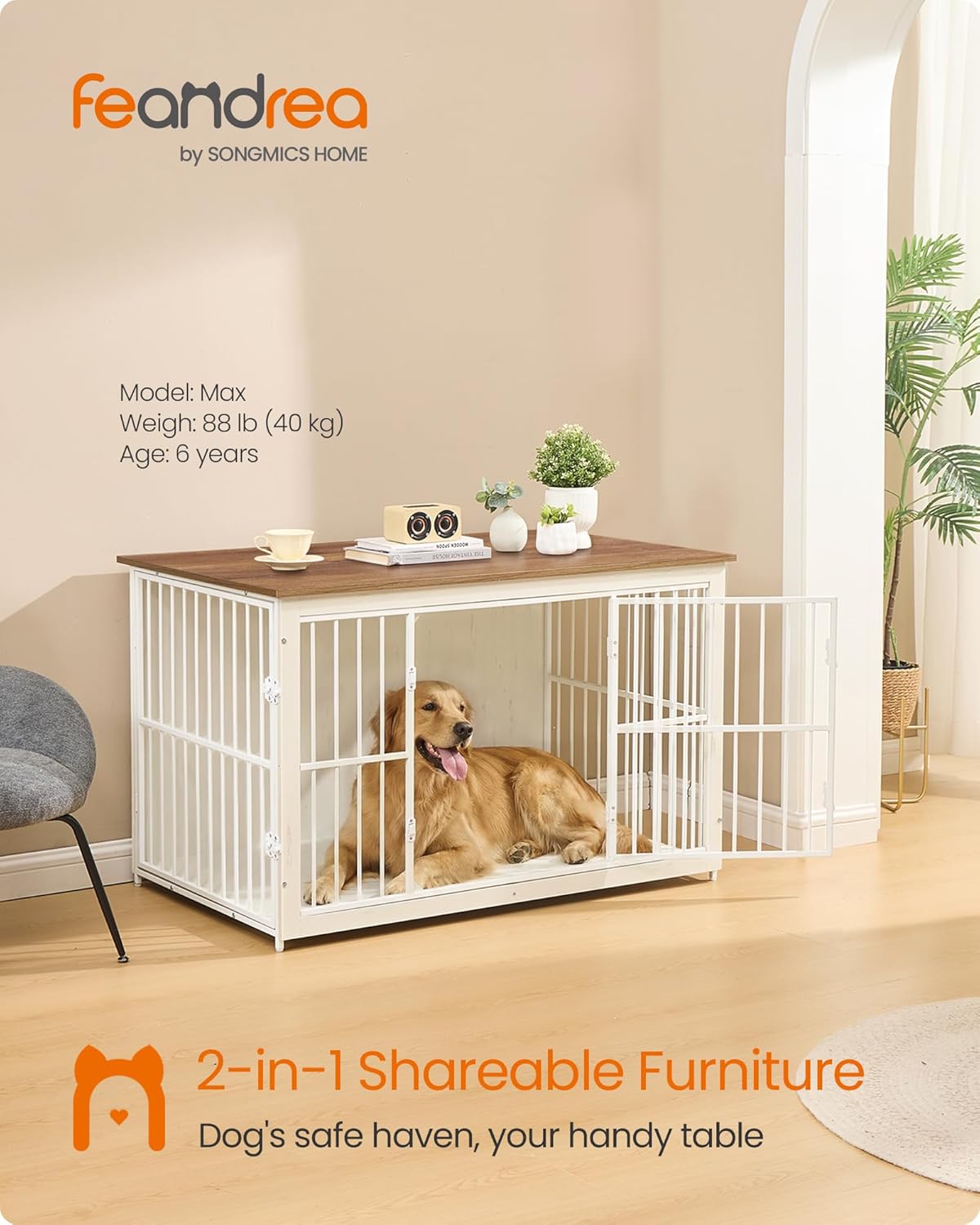 Feandrea 38" Dog Crate Furniture - Rustic White + Honey Brown / 48.0"L x 29.0"W x 29.0"H - image 2