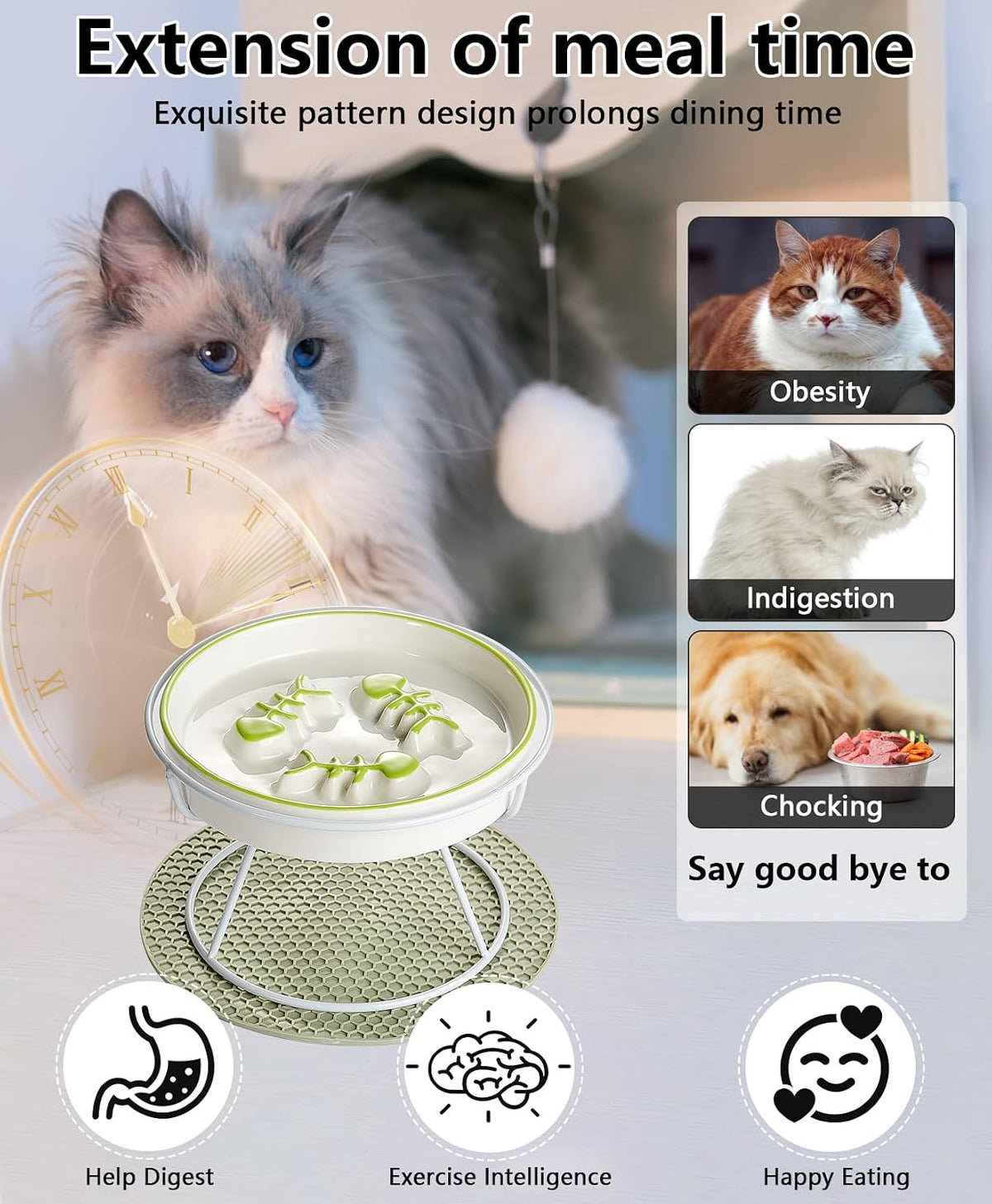 Ceramic Elevated Slow Feeder Cat Bowl, Anti Vomit - Green - image 4