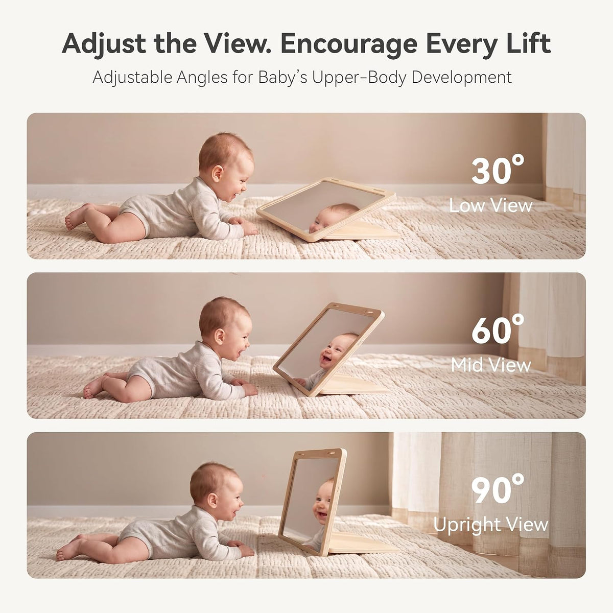 IEATFO wooden tummy time mirror with black-and-white high-contrast baby cards - view 3