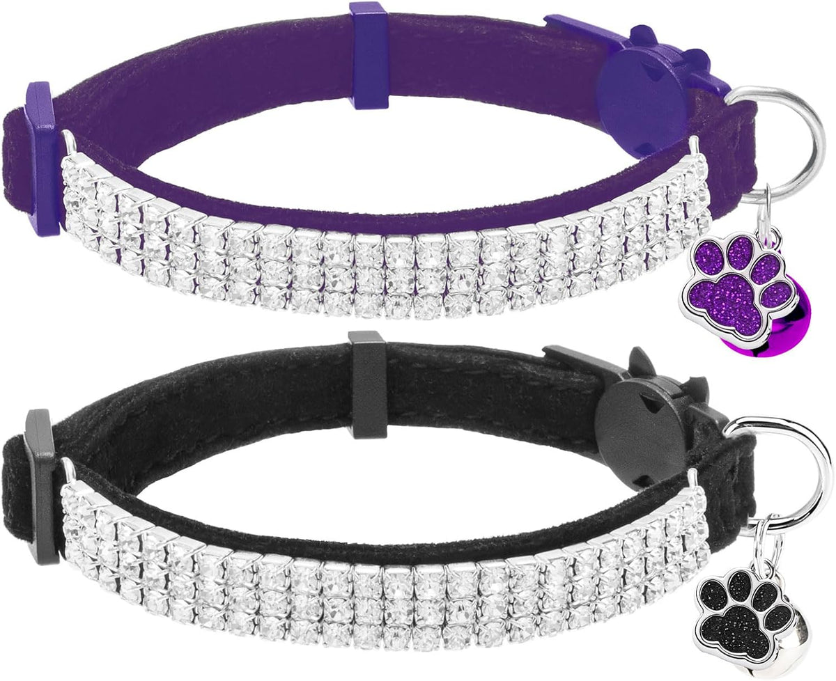 2 Pack Soft Velvet Safe Bling Diamond Cat Collars with Bells – Essentials for Cats - Black + Purple / 9"-12" Cats / Mini Dogs