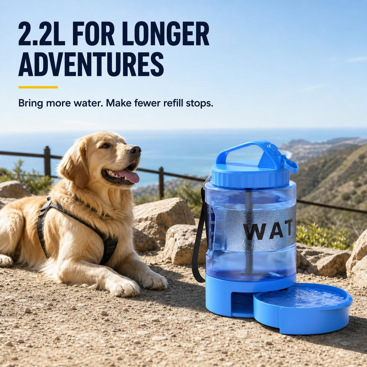 Portable Dog Water Bottle with Bowl, Large 77 oz/2.2 L, Black – Essentials for Dogs - 77oz-Blue - image 2