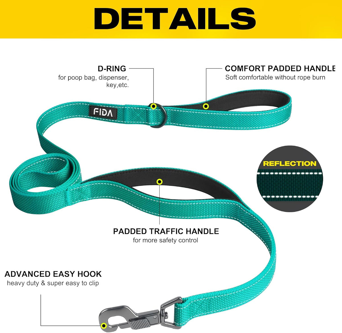 Fida Heavy Duty Dog Leash for Medium Large Dogs - 5 Feet (Pack of 1) / Teal - image 2