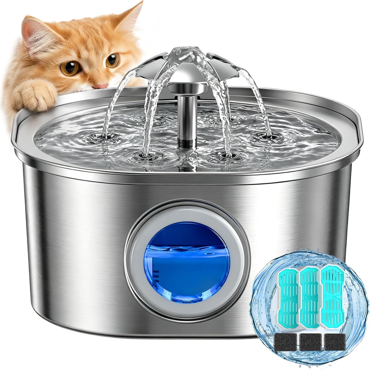 PEKTACO Cat Water Fountain, 1 Filter - 3.2L-HT+3 Filter