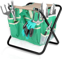 Kitness 9 PCS All-in-one Garden Tools Set Heavy Duty Cast-Aluminium Alloy Gardening Tools Kit with Folding Stool Seat&Detachable Canvas Tool Bag Great Gifts for Gardening