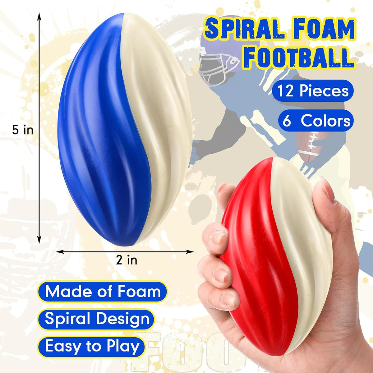 Jerify mini foam footballs for kids, 12 soft 5 inch spiral balls in 6 two-tone colors - view 26