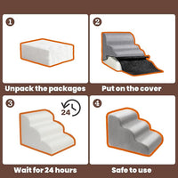 MEWANG Dog Stairs for Small & Medium Dogs and Old Cats –3/4/ 5 Steps High-Density Foam Pet Ramp for Bed & Couch, Non-Slip, Washable Cover, Grey (Round Corner, 4 Steps: 23.94''×18.27''×14.96'', 2)