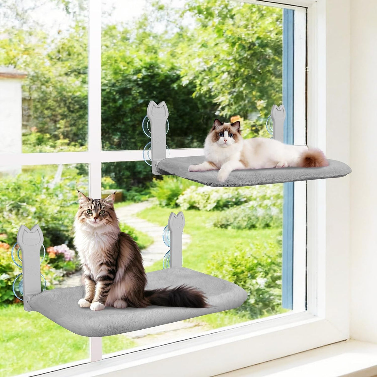 2 Pack Cat Window Perch,Cat Window Hammock Cordless Foldable Window Bed with 4 Large Strong Suction - Gray