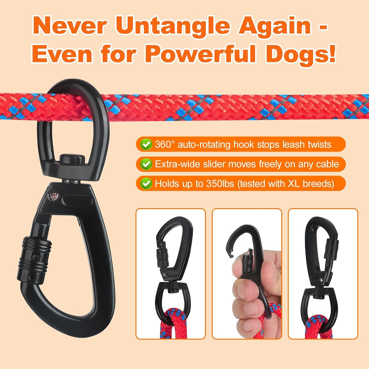 50ft Dog Tie Out Cable, Dog Leash, Long Leash for Dogs Outside - 50FT / Red - image 2