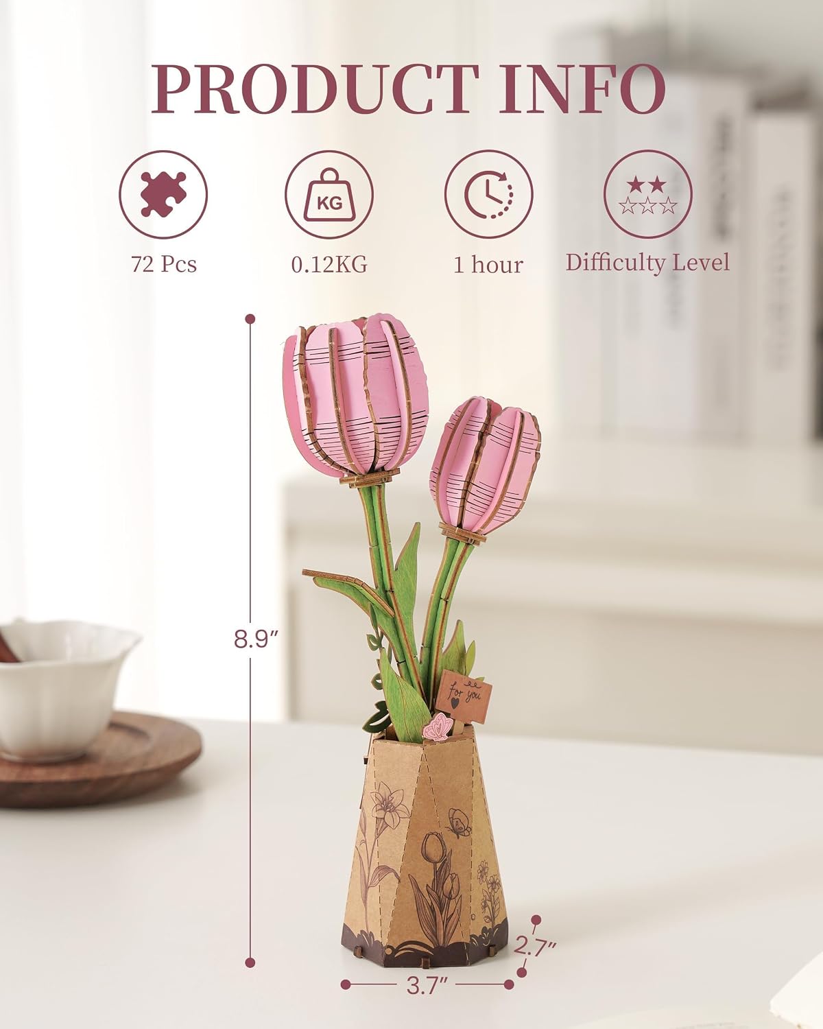 Wowood 3D wooden pink lily flower puzzle assembled model - view 37
