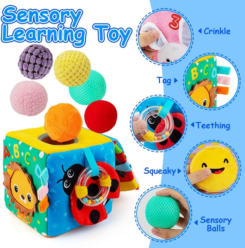 beetoy sensory Montessori busy cube for baby with buckles, zipper and six textured balls - view 3