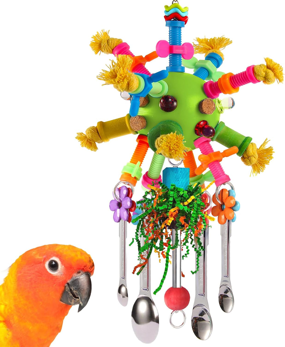 Parrot Toys Bird Toys Perch Pullable Stainless Steel Spoons Colorful - green