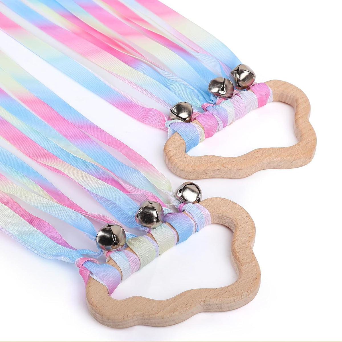 MEROCO 2-pack rainbow ribbon wands with natural wood rings and six fabric ribbons each - view 4