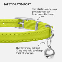 CollarDirect Leather Cat Collar with Bell - Kitten Collar, Small and Big Cat Collar for Boy Cats, Girl Cats with Safety Elastic Strap (Neck Fit 6"-7", Lime Green)