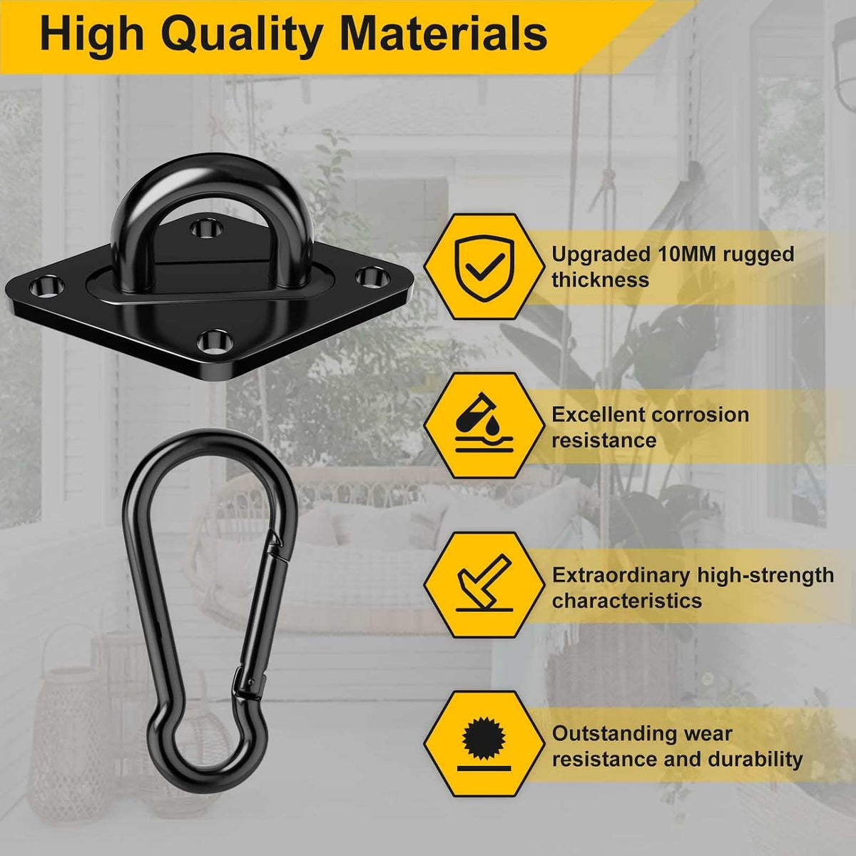 Morzejar black heavy duty hammock hooks kit with M10 pad eyes and snap hooks - view 4