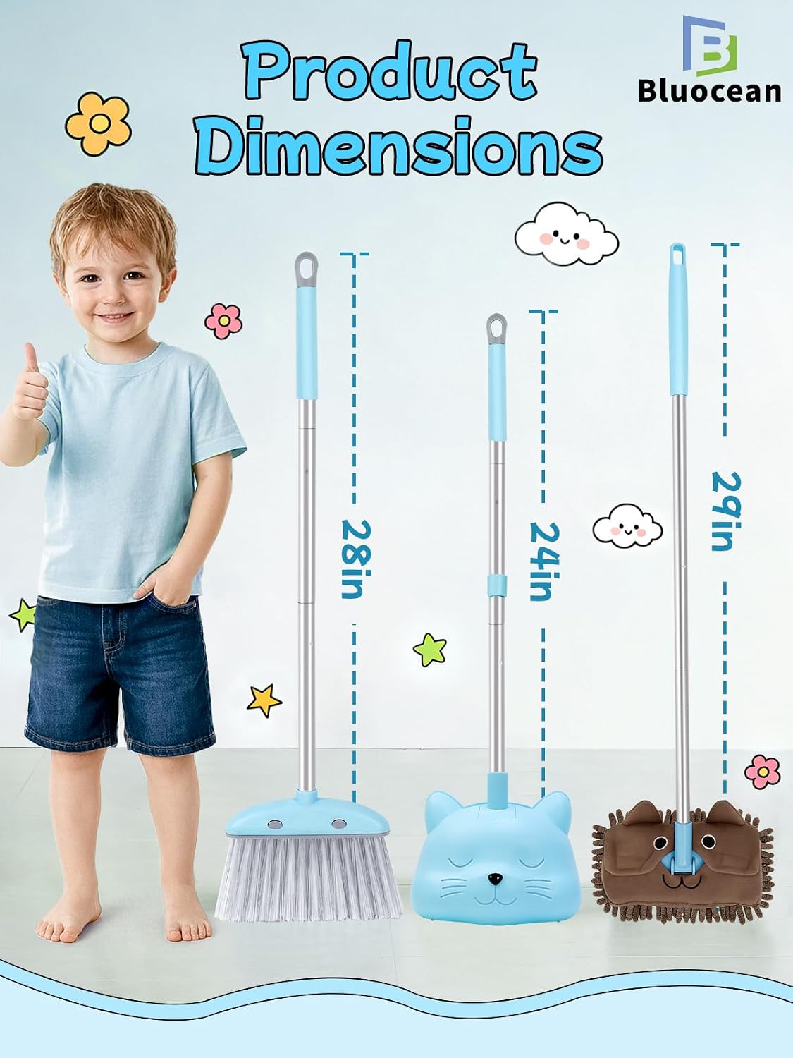 Bluocean 28 inch blue kids mini broom and dustpan with cartoon cats - view 7