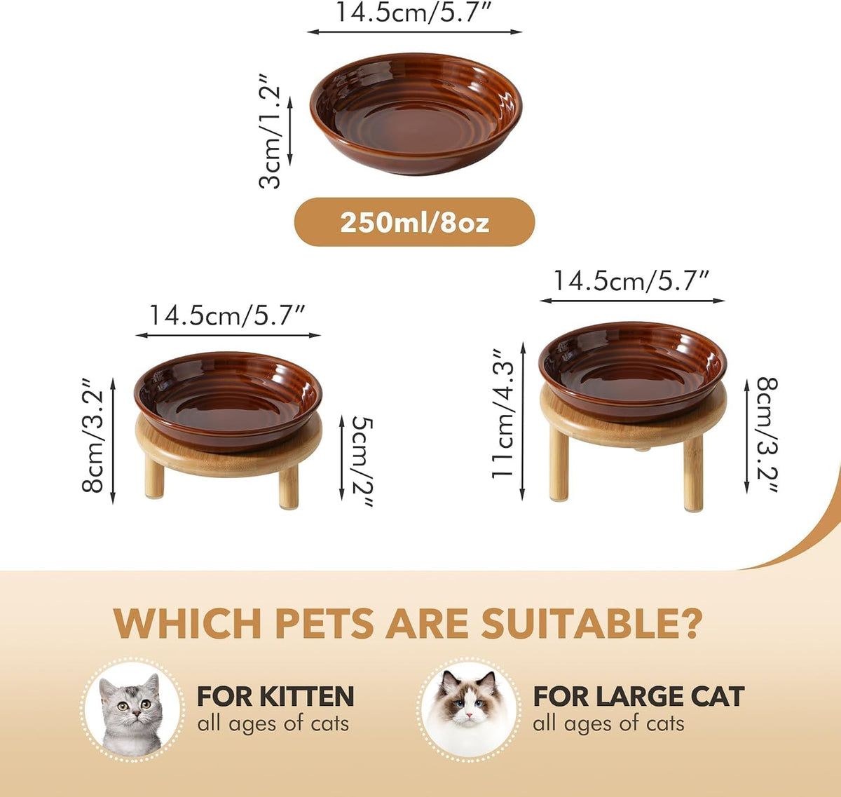 Elevated Cat Bowls, Ceramic Cat Bowl with Bamboo Stand Wide Opening – Essentials for Cats - Brown / Stripe x1 + Bamboo - image 2