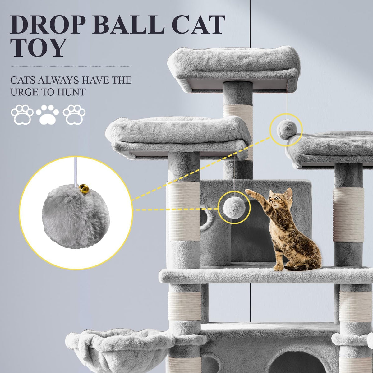 Allewie 68 Inches Cat Tree/House and Towers for Big Feline/Scratching - 68 in / Light Grey - image 3