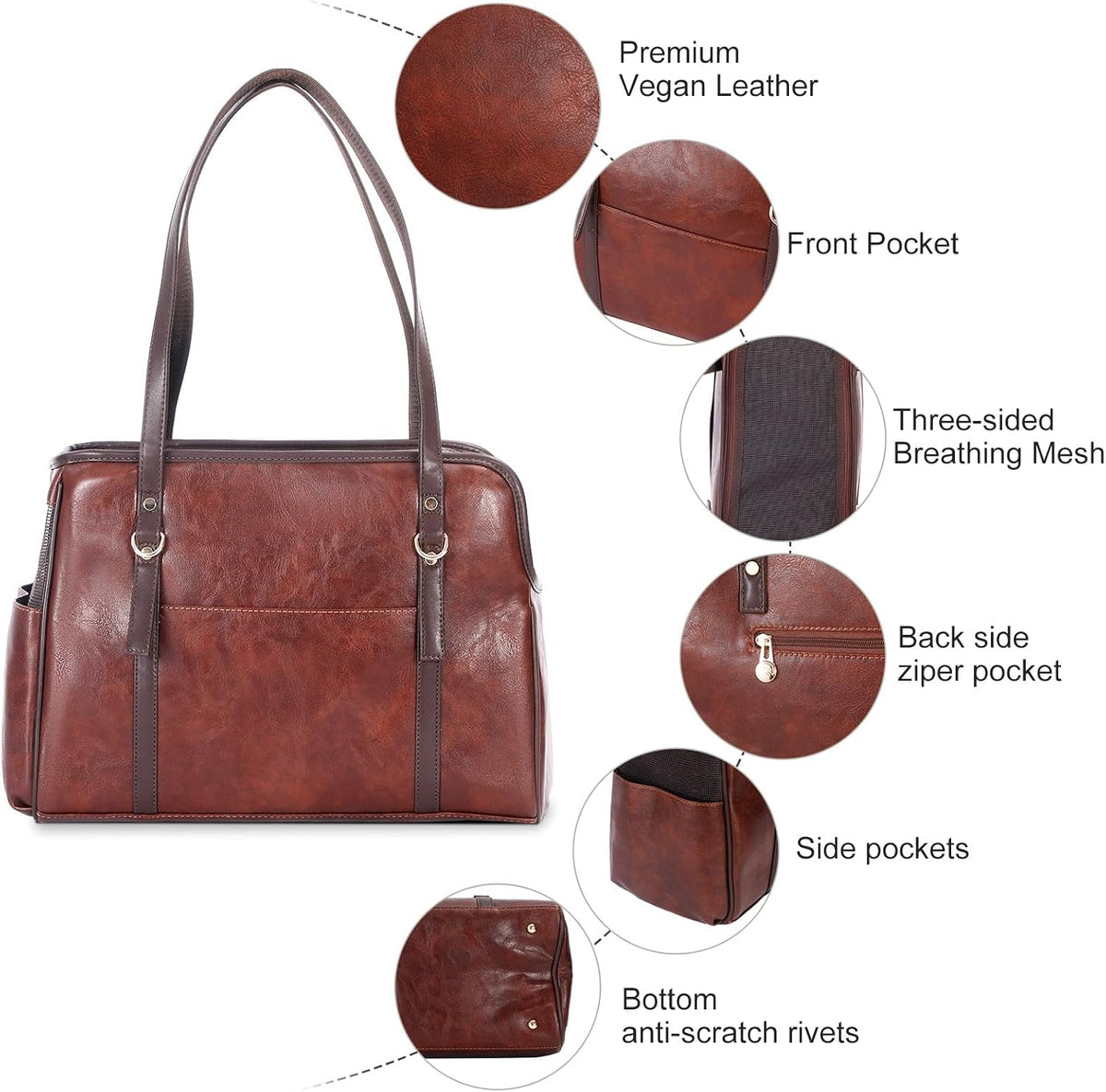 Dog Carrier Purse, Fashion Leather Pet Carrier with Pockets - Coffee - image 4