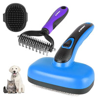 Dog Brush Kit – 3 PCS Grooming Set with Self-Cleaning Brush, Undercoat Rake & Pet Bath Brush. Great for Shedding, Tangles & Dirt Removal – Ideal for Long & Short Haired Dogs & Cats, Blue