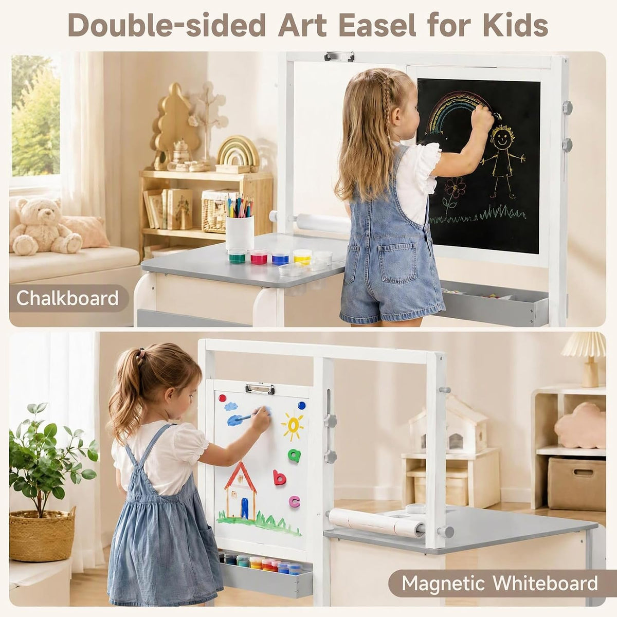 INFANS 3 in 1 kids art table and chair set with double-sided easel and paper roll - view 3