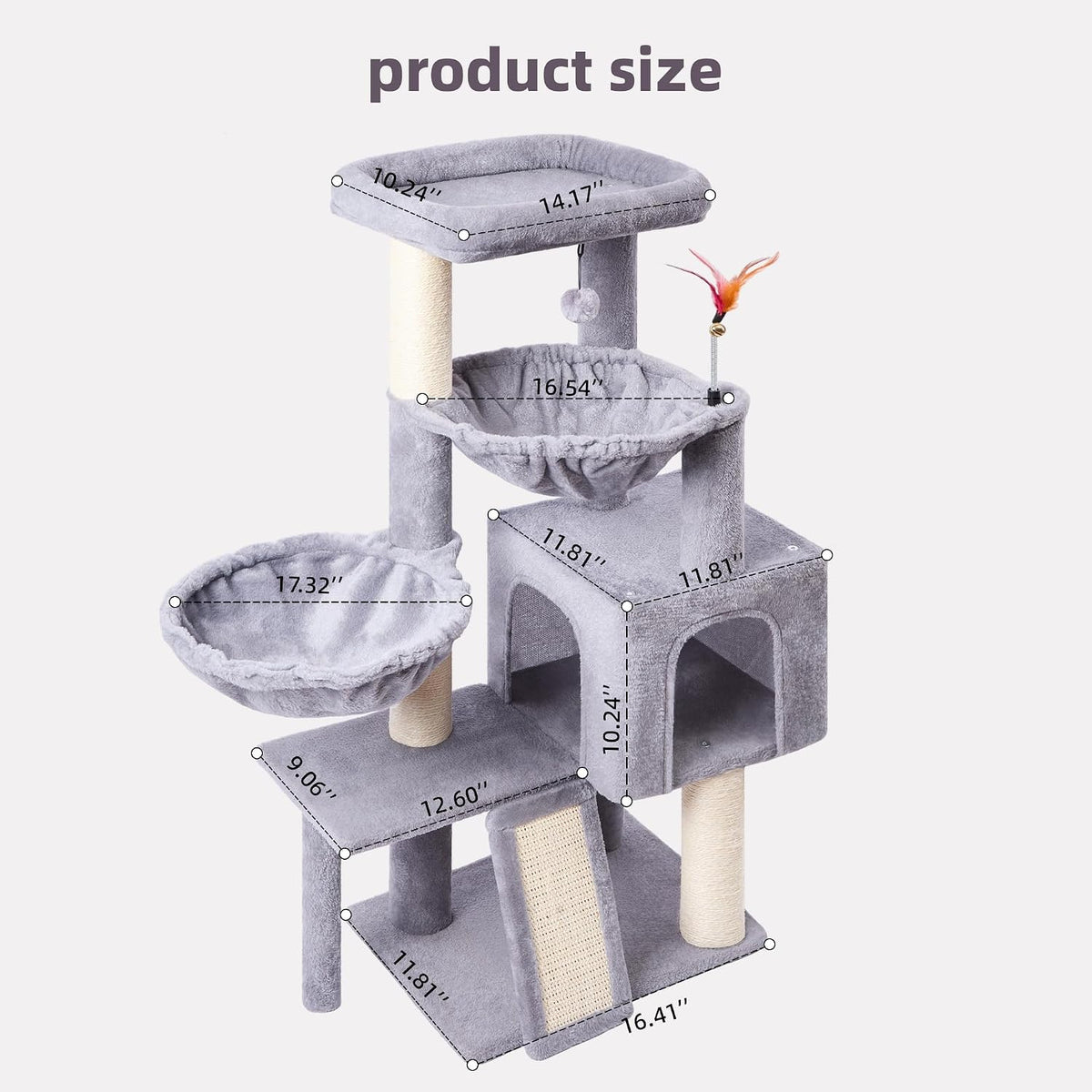 Cat Tree with Cat Condo and Hammock - Grey / 37" - image 2