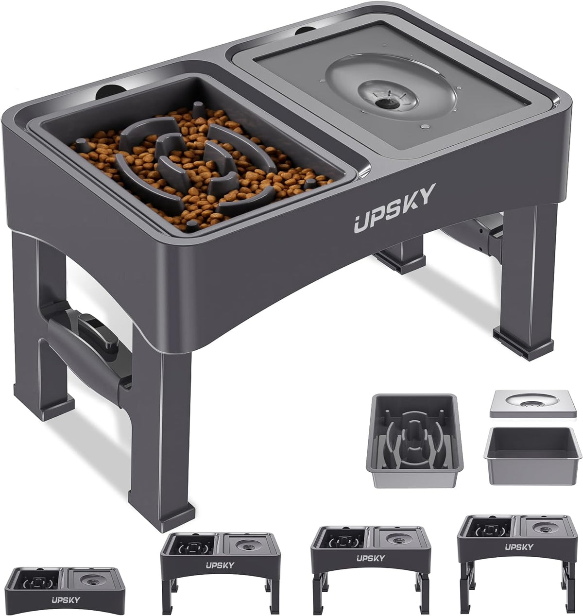 UPSKY 2-in-1 Elevated Dog Bowls Set with 4 Height Adjustable Stand - A-Water Bowl+Slow Feeder (Grey)