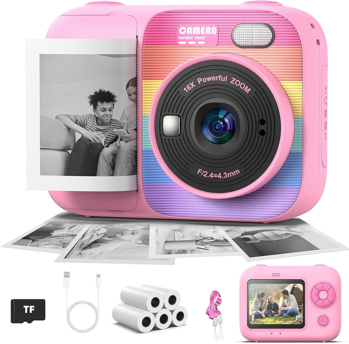 Kids Instant Print Camera with 5 Rolls Print Paper - PINK-02