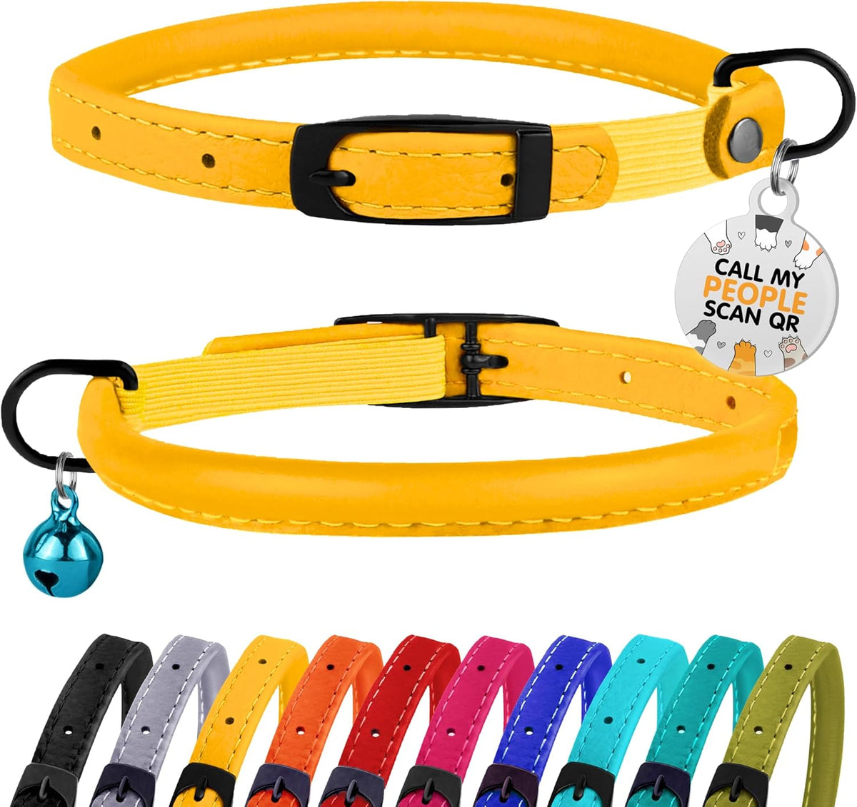 Cat Collar with Bell Kitten Rolled Leather Collars Safety QR ID Name - Mustard Yellow