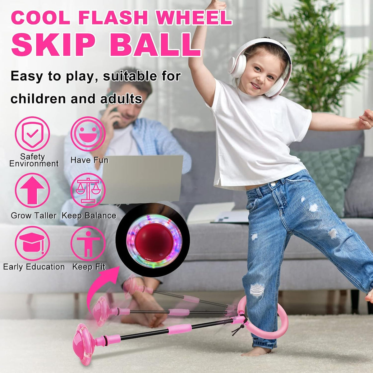Hewog Skip Ball, Portable Foldable Colorful Flash Wheel Swing Ball, Kids Toys for Girls & Boys - Pink - image 3