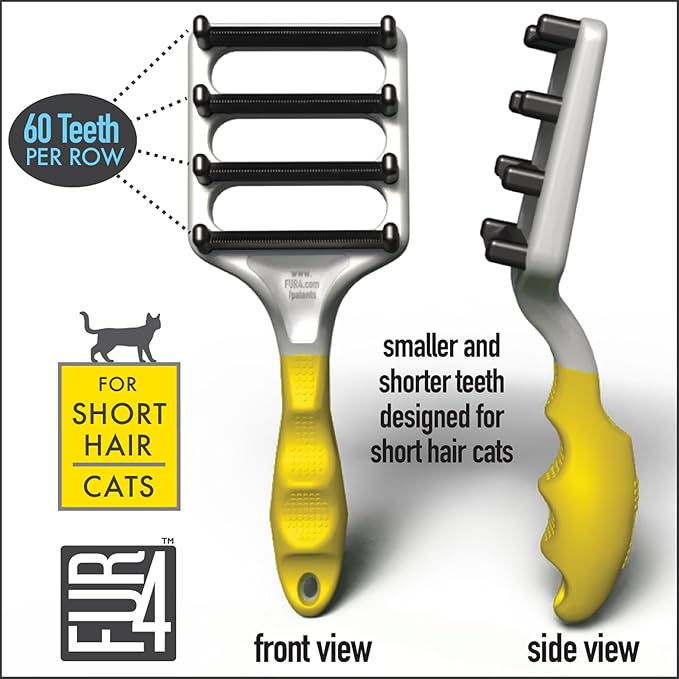 FUR4 deShedding Tool for Short Hair Cats - Innovative Cat Grooming Brush with 4 Composite Carbon Fiber Edges for Effective Fur Removal - Cat Hair Deshedder Brush for a Comfortable Grooming Experience