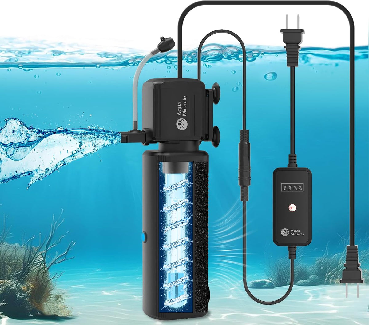 AquaMiracle Aquarium Filter with U, V Light & Filter Sponge - For Aquariums 10-30 Gal(SV-500)